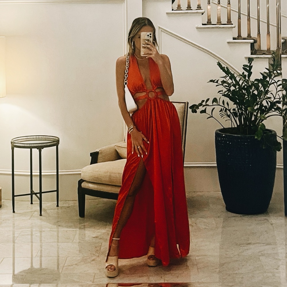 Hello Molly Midi Dress Red - Black Tie Optional Wedding Guest Gown